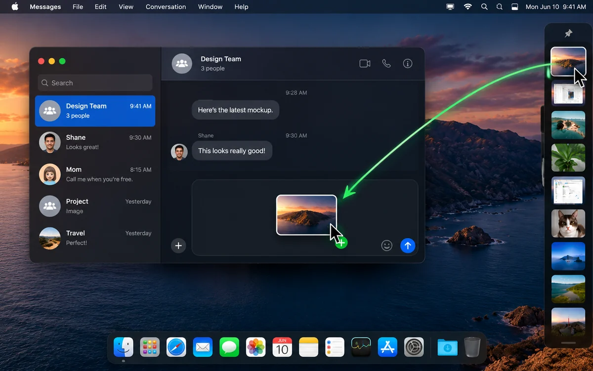 Illustration of a screenshot being dragged from the Snaprail Filmstrip into a Messages conversation