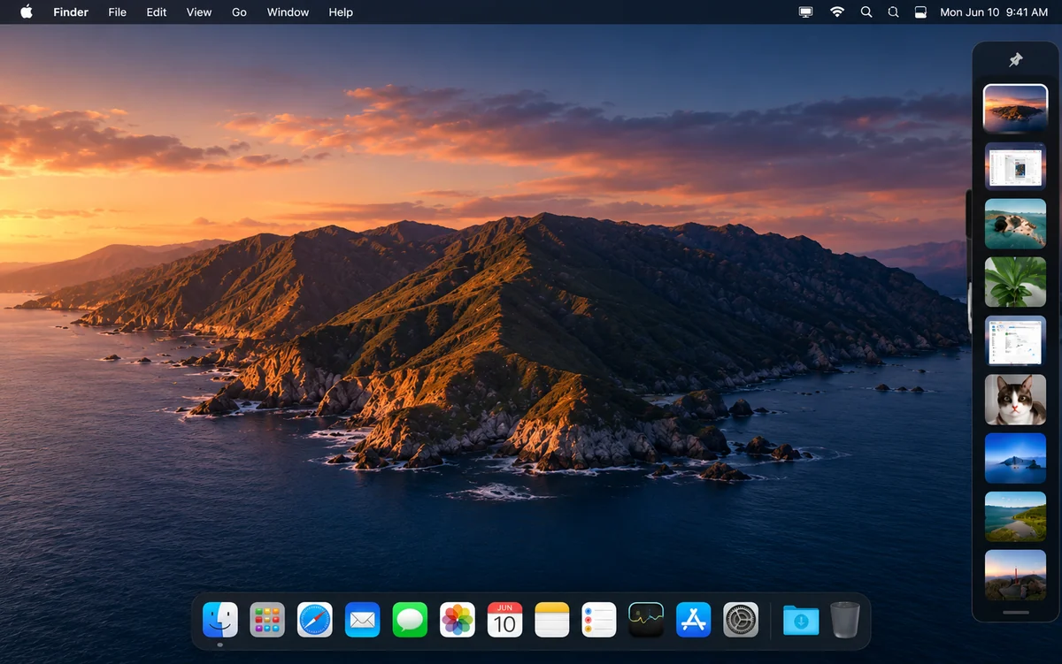 Illustration of the Snaprail Filmstrip showing recent items along the edge of a Mac desktop